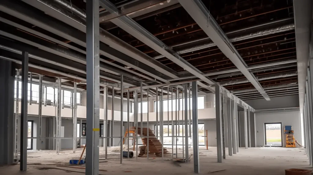 Image of a commercial building , concrete floor and fire proofed steel girders occupying floor to ceiling