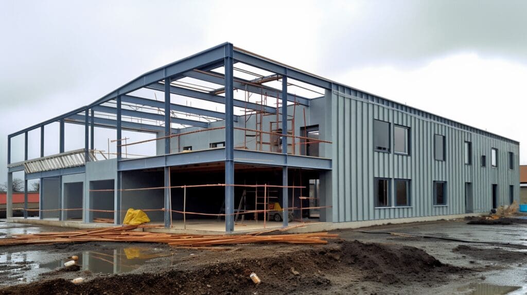 An image of a large industrical warehouse in an open construction lot, there is exposed steel that has been fire protected. Many pylons lay across the floor and building is set on undeveloped land with large mud hills and puddles